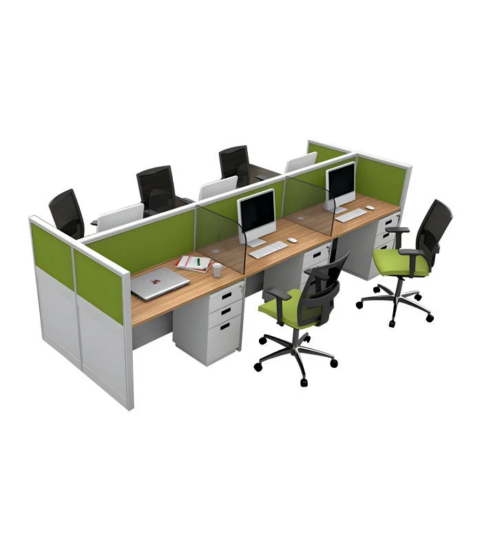 Six person back-to-back modular office workstation with green partitions and chairs